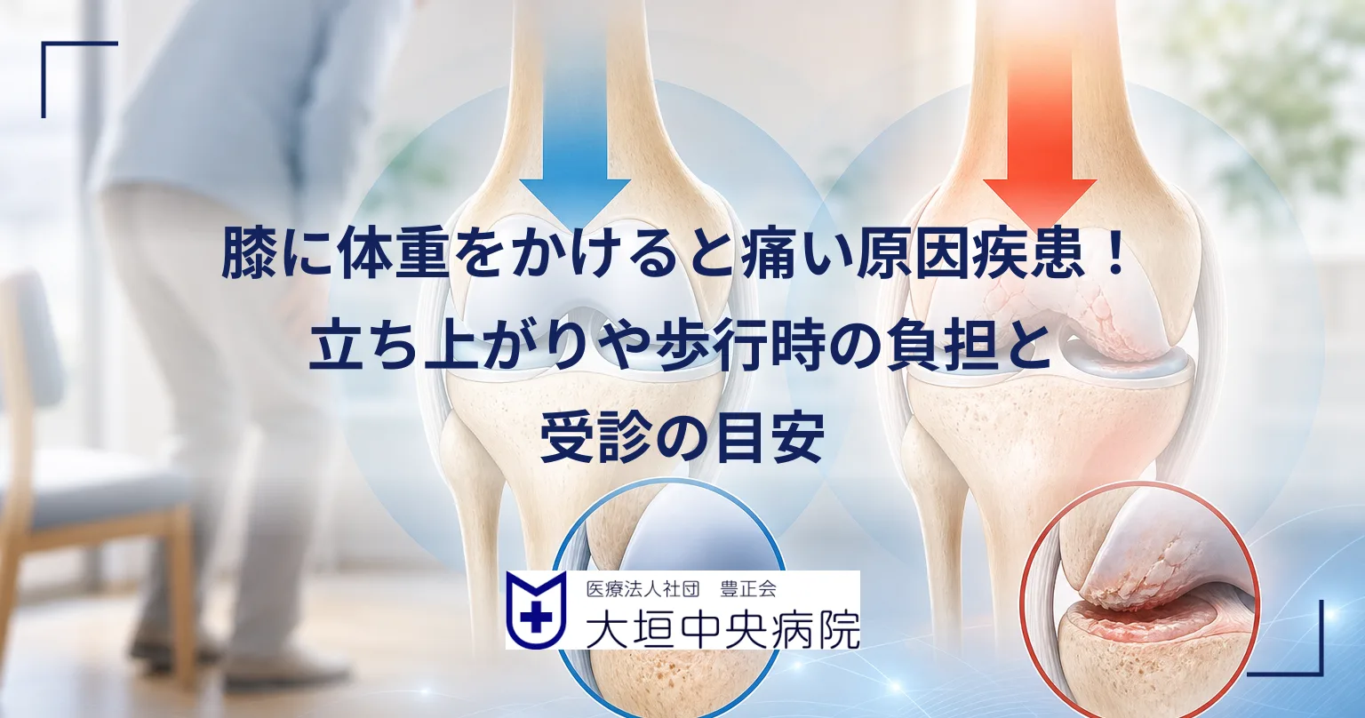 立ち上がりや歩行で膝に体重をかけたときの痛みと、荷重を受ける膝関節の軟骨を表した医療イラスト