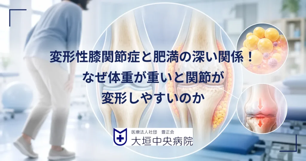 膝関節の断面図と体重計に乗る人物を並べ、体重の負担と脂肪の炎症が変形性膝関節症につながる様子を示した医療イラスト