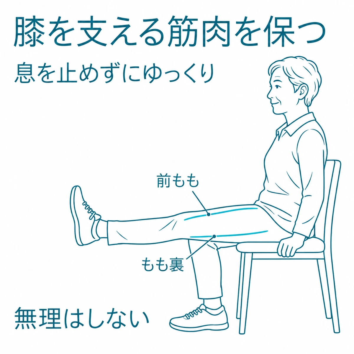 椅子に浅く座って片脚を伸ばし、前ももともも裏を無理なく伸ばす人物の図