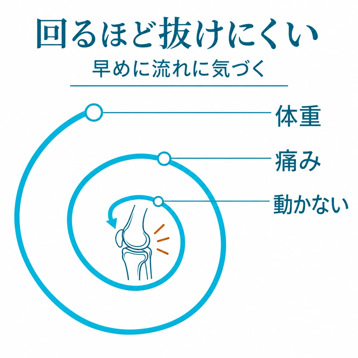 体重増加、膝の痛み、活動低下がらせん状に重なる悪循環の図