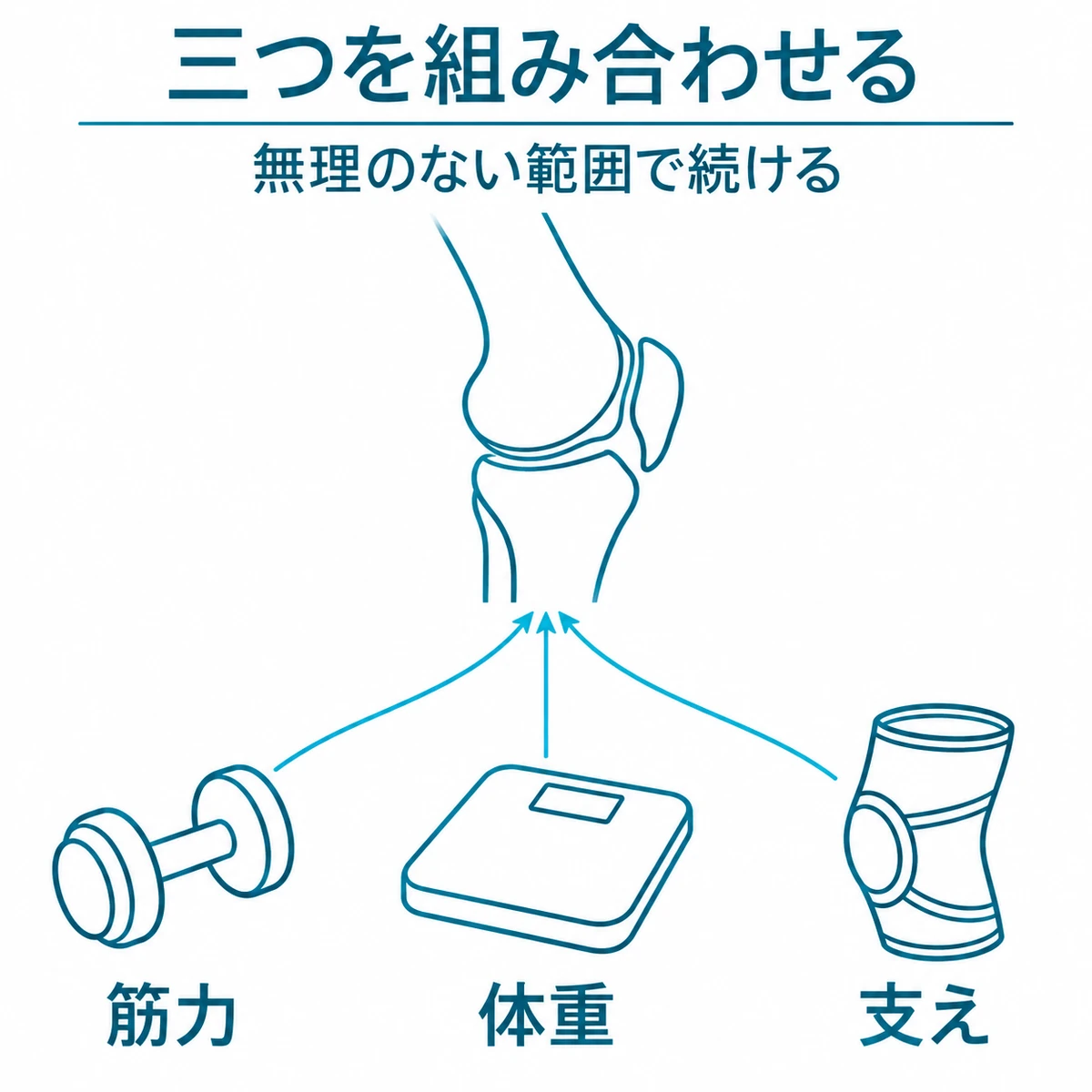 筋力、体重管理、膝サポーターの三つで膝を支える考え方を描いた図