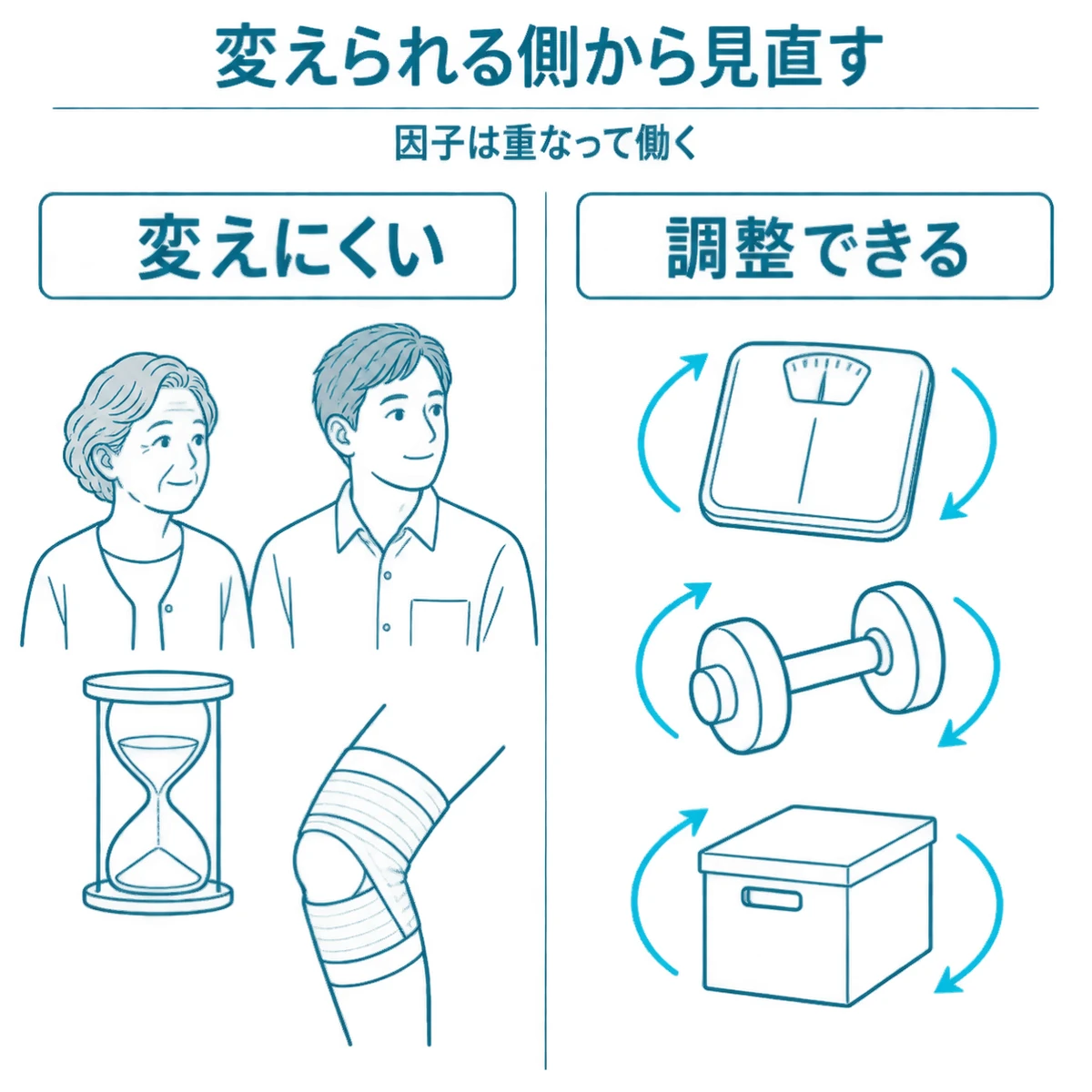 膝に関わる因子を、変えにくいものと調整できるものに分けた図
