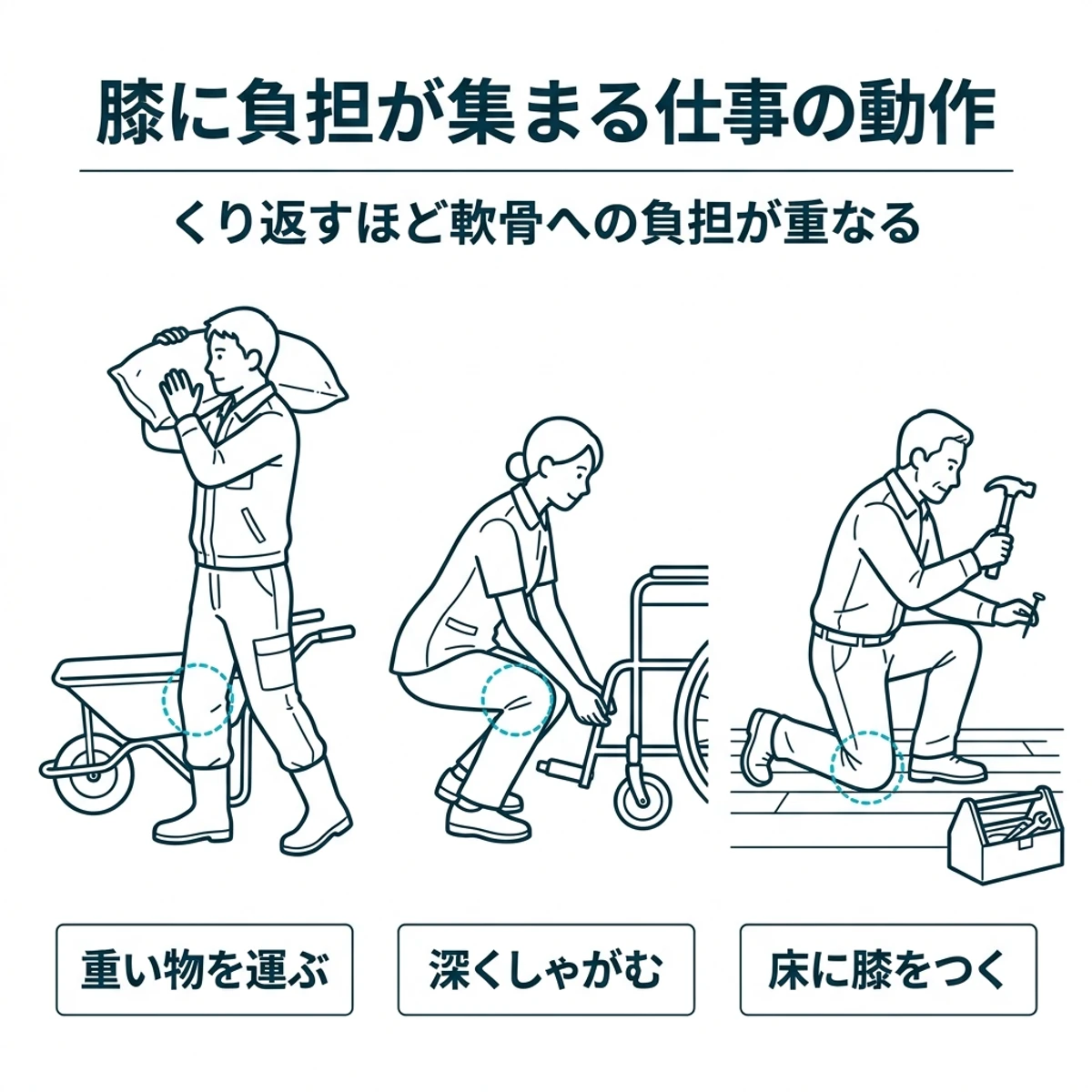 重い荷物の運搬、深いしゃがみ姿勢、床に膝をつく作業の3場面で膝に負担がかかる様子を描いたイラスト