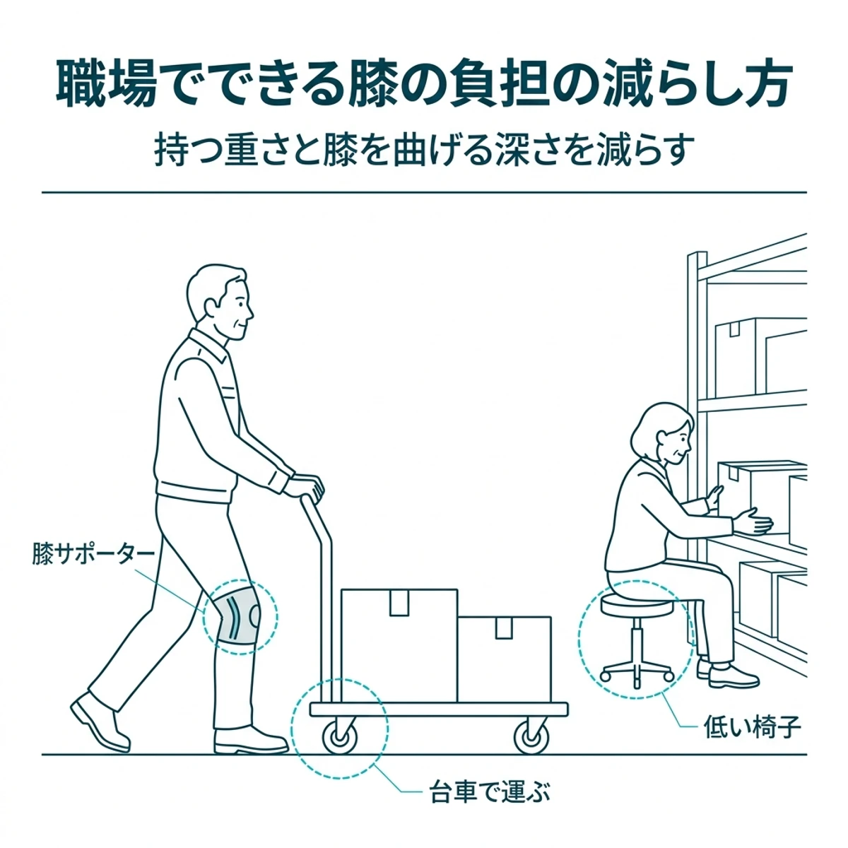 台車での運搬や低い椅子の活用、膝サポーターの着用で職場での膝の負担を和らげる工夫を表したイラスト