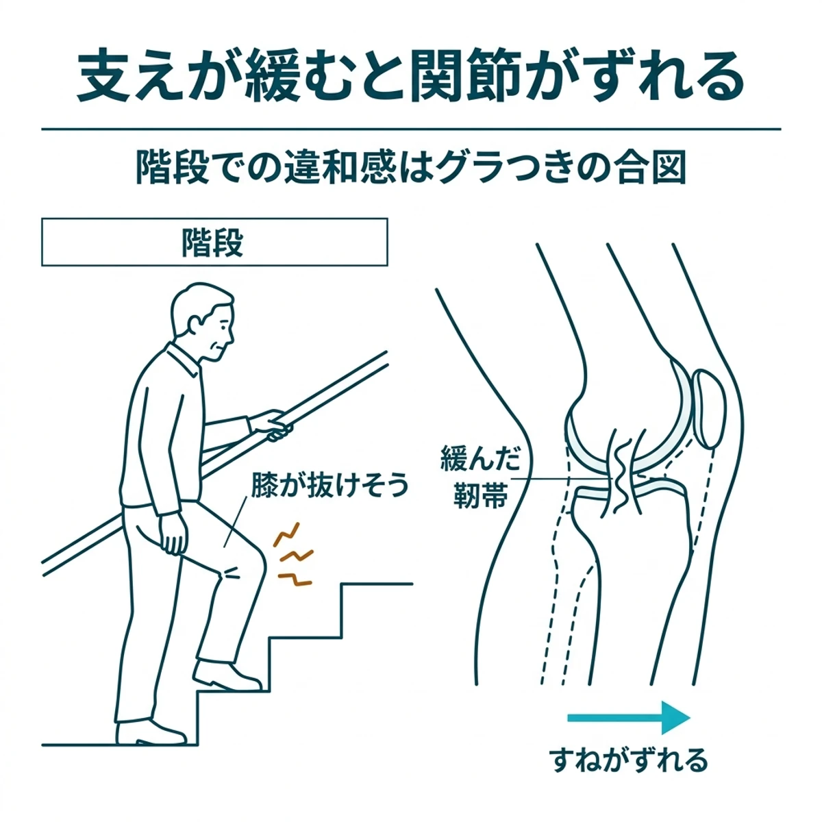 階段で膝が抜けそうになる場面と、緩んだ靭帯によってすねの骨がずれ軟骨が薄くなる関節の拡大図