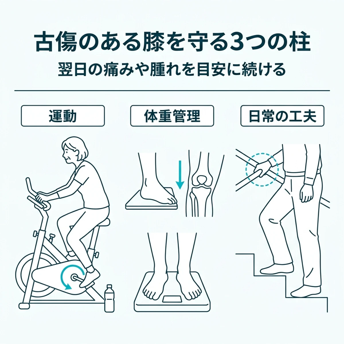 古傷のある膝を守るための自転車運動・体重管理・手すりを使う工夫を並べた医療イラスト