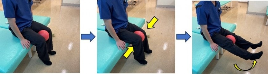 手術後のリハビリテーション図２　ボールを挟んで膝を伸ばす運動