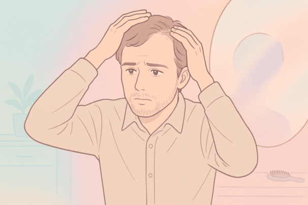 30代半ばの男性が鏡の前で生え際や頭頂部をチェックしつつ、少し憂慮する表情を見せている。背景は淡いブルーと薄いピンクが重なり合うグラデーションで、洗面台やヘアブラシをシルエット気味に配置。髪は茶色っぽく、前髪がやや後退している様子