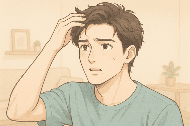 まだ20代前半の男性が髪の生え際を不安そうに触れている様子を描く。背景は淡いベージュの室内空間で、シンプルな家具を配置し生活感を演出。表情には焦りと少しの希望を織り交ぜ、線と影は柔らかく仕上げる。全体的に清潔感と落ち着きを重視し、人物の髪のボリュームを繊細に表現する。