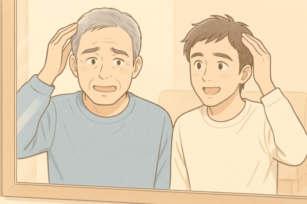 50代男性と20代の息子が並んで鏡を見ているシーンを描く。2人とも似た額の後退が少し気になり始めている設定。背景は薄いクリーム色のリビングで家族的な雰囲気。線を優しく描き、親子の表情は少し驚きと苦笑いを混ぜた穏やかなものに。