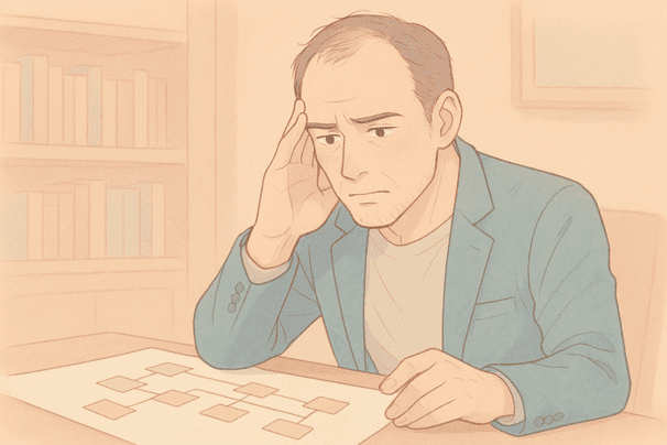 40代男性が家系図を眺めて真剣に考えている姿を描く。背景はソフトベージュの書斎で、本棚を少し配置し知的な雰囲気に。人物の髪は頭頂部にやや薄さを表現し、表情は自分の将来を心配している様子。線は控えめに柔らかく仕上げる。