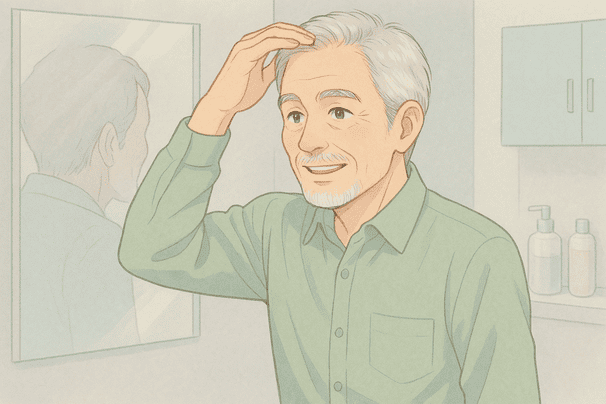60代男性が、少し白髪混じりになりながらも頭頂部の薄毛をなんとかカバーしようと鏡の前で整髪している場面。背景は淡いパステルグレーの落ち着いた洗面所。人物の表情は前向きで、年齢なりの品を残しつつ薄毛を意識する様子。