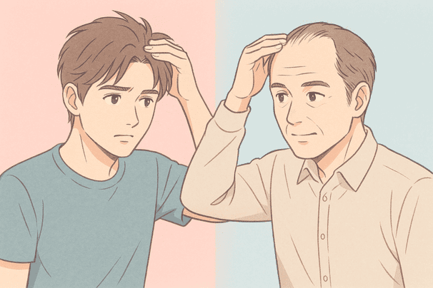 20代後半の男性と40代の男性が並び、それぞれの薄毛進行を比較しているイメージを描く。背景は淡いピンクと水色を左右に分割し、年齢差を視覚化。2人の表情は互いに自分の髪をチェックしているようす。線は柔らかく、誇張は控えめ。