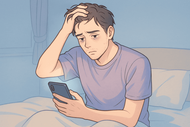 30代男性が、夜更かしでスマホを見ながらベッドに座り、目元にクマがある姿を描く。背景は薄いパステルブルーの寝室で、枕や布団も淡い色。男性は疲れた表情で髪に手をやり、抜け毛が気になる雰囲気。線はやわらかく整理し、誇張は控える。