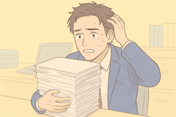 20代後半の男性がデスクで大量の書類を抱え、疲れと焦りが混じった表情をしている場面。背景は淡いパステルイエローのオフィスで、周囲にパソコンや資料を少し配置。髪は生え際が少し気になる程度。全体的に線を優しくまとめ、誇張を避ける。