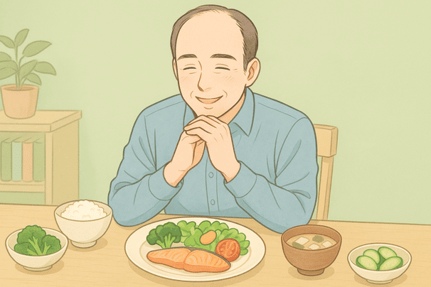 40代男性が、栄養バランスを考えて野菜や肉、魚などが乗ったプレートを嬉しそうに見ている様子。背景は淡いパステルグリーンのダイニングで、テーブル上に数種類の食材を並べる。髪は頭頂部がやや薄め。線や影はソフトに表現し、穏やかな雰囲気に。