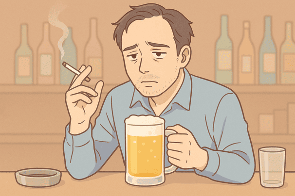 30代男性が片手にタバコ、もう片手にビールジョッキを持ち、少し不健康そうな表情をしているシーンを描く。背景は淡いパステルブラウンのバー風景で、カウンターに灰皿と空きグラスを配置。髪は生え際がほんのり後退し、線や影は柔らかく抑える。