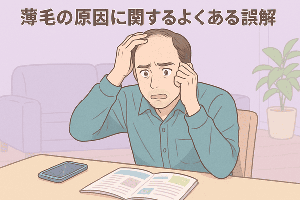 40代男性が、ネット情報を見て頭を抱えている場面を描く。背景は淡いパステルパープルのリビングで、テーブルの上にスマホと雑誌を置き、虚実入り混じる情報に混乱している印象。人物の生え際は少し後退。線は優しく、表情はやや焦り気味。