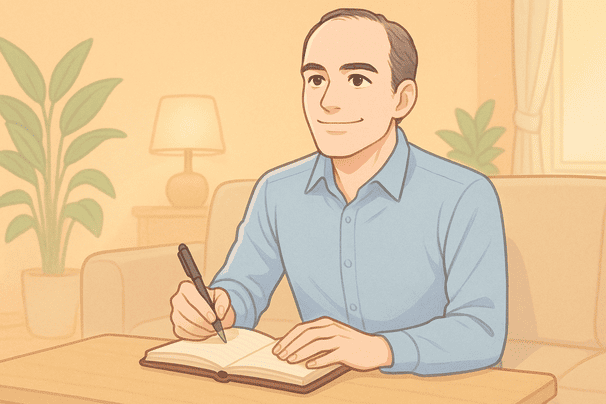40代男性が、手帳にメモを取りながら前を向いて微笑んでいるイラスト。背景は淡いパステルオレンジの部屋に観葉植物を置き、ポジティブな終わりをイメージ。髪は頭頂部が少し薄いが、表情は前向きで落ち着いた雰囲気に。線や影はソフトにまとめる。