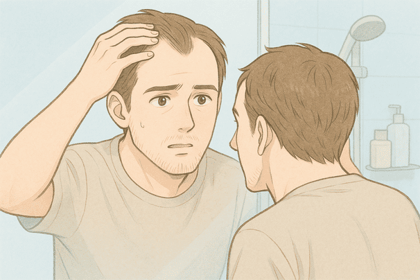 30代半ばの男性がM字型に生え際が後退しはじめた状態を鏡で確認している場面を描く。背景は淡い水色のバスルームで、清潔感を大切に。