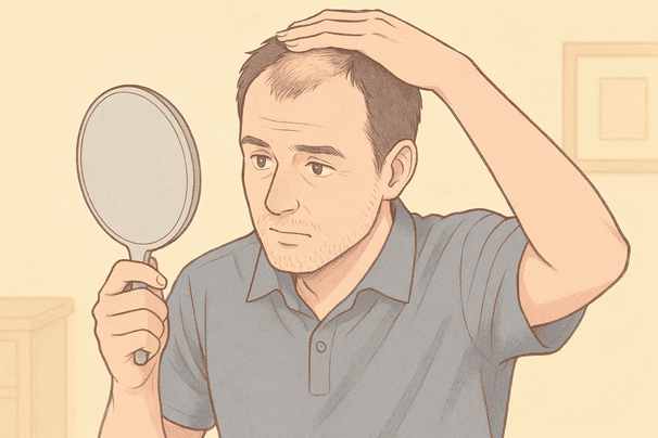 40代男性が頭頂部(つむじ)まわりの薄毛を気にして上から手鏡をかざしている様子。背景は淡いクリーム色の落ち着いた室内。