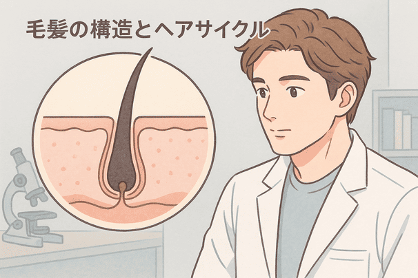 20代後半の男性が髪の断面図を眺めている場面を描く。背景はソフトグレーの研究室風景で、後ろに顕微鏡や書籍を少し配置。男性は白衣を羽織って興味深そうに見つめる。
