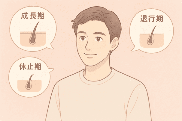 30代前半の男性キャラクターを中心に、成長期・退行期・休止期の3ステージを象徴する吹き出しを周囲に配置。背景は淡いピンクベージュで柔らかい印象。人物は少し笑顔で、髪の状態を理解しようとしている表情。