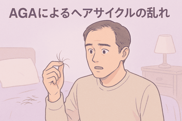 40代男性が抜け毛を手に取り、やや驚いた表情をしている様子を描く。背景は淡いラベンダー色をベースにしたベッドルームで、枕元にも髪が落ちている。線や影は柔らかくまとめ、人物の表情はショックと冷静さを両立するイメージ。