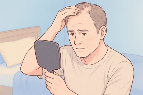 50代男性が鏡を見ながらM字部分とつむじ付近を同時に気にしている姿を描く。背景は淡いパステルブルーの寝室を想定し、枕やベッドカバーも柔らかな色合い。線はなめらかにし、表情は落ち着きつつも悩みがにじむ程度に表現する。