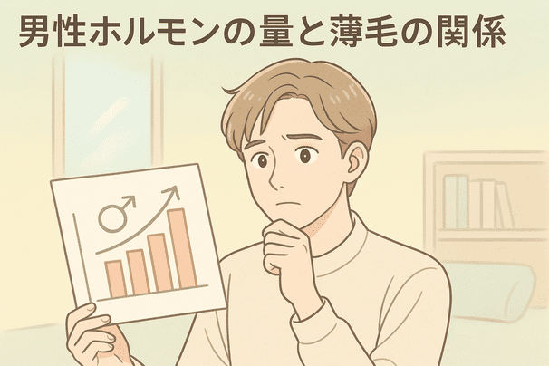 20代半ばの男性がホルモンの数値を示すグラフを眺めながら首をかしげている構図。背景は淡い薄緑のオフィス風景で、人物の髪型は少し前髪が後退気味。線は細めで柔らかく、人物は疑問を抱きつつ前向きな雰囲気を併せ持つ。