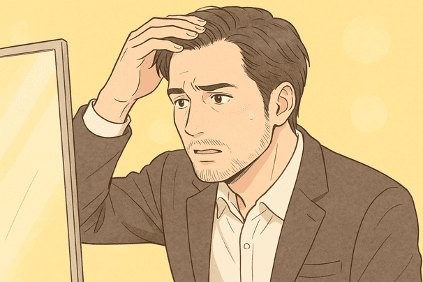 40代前半の男性。パステルイエロー系の背景で、頭頂部を手で触りながら鏡をのぞきこみ、進行度を確認しているイケメン漫画風イラスト。
