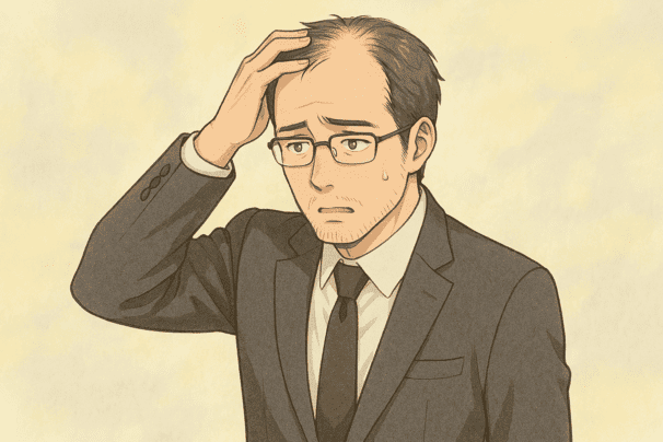 30代前半の男性が後頭部に手をやりつつ、生え際や頭頂部はやや細い髪が目立つイメージ。イケメン漫画調の線画で表情は少し戸惑い気味