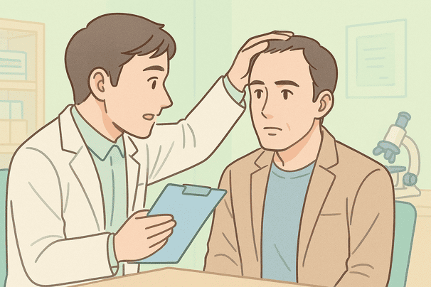 30代半ばのイケメン男性がそのパンフレットを手に『内服薬＋外用薬』や『LED治療』などの項目を眺めているシーン。