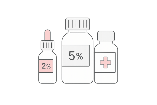 2%や5%など異なる濃度のミノキシジル外用薬ボトル