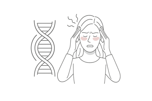 DNAのイラスト+女性がストレスを抱えているイメージ