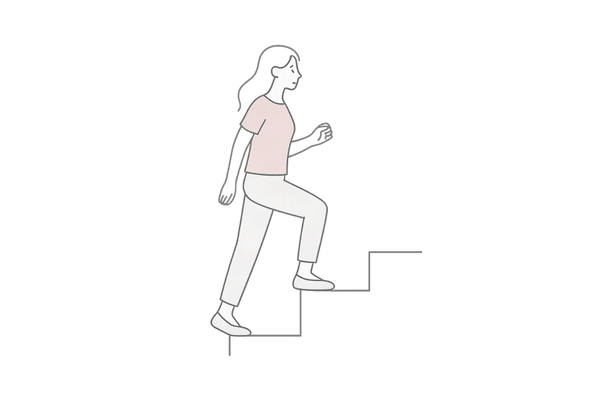 禿髪性毛包炎の治療ステップを象徴する階段を一歩ずつ上る女性の線画イラスト