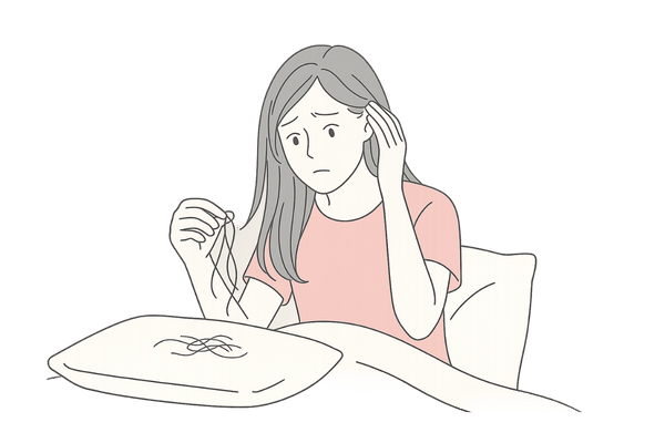 朝、枕元の抜け毛に気づいて不安そうに見つめる女性