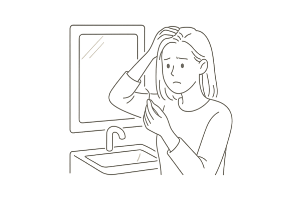 鏡を見て、自分の髪の抜け毛を気にしている女性