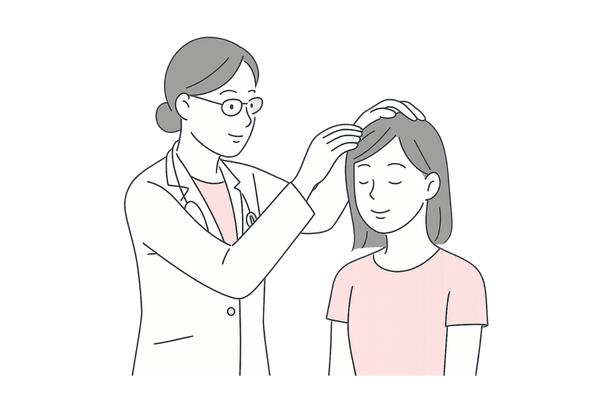 医師が頭皮のフケや炎症、毛髪の抜け具合を視診・触診する様子