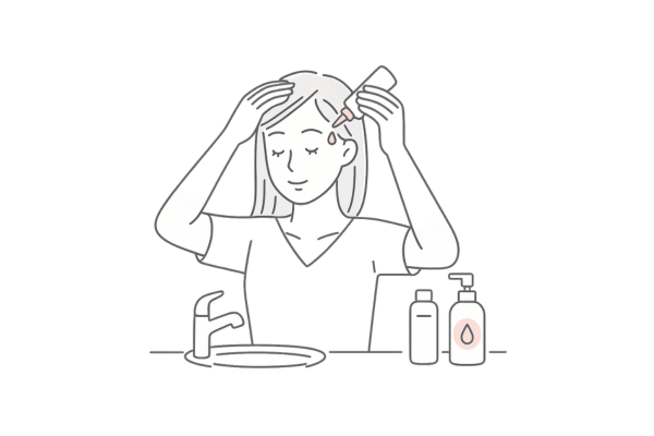 洗面台の前で、女性が頭皮をケアしている様子