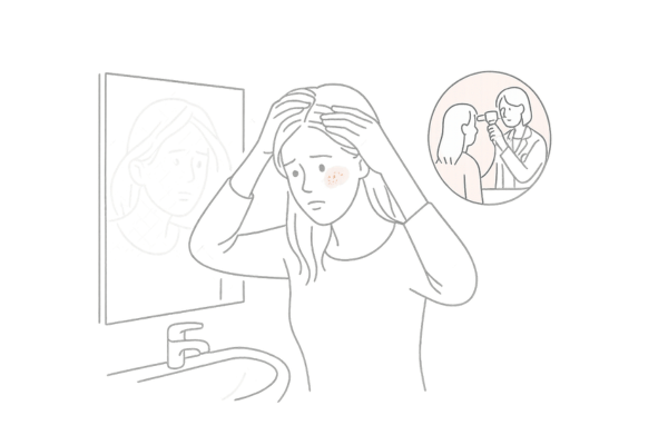 洗面所の鏡で頭皮をチェックしている女性