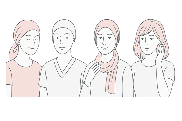 帽子やウィッグなどで脱毛部分を隠す女性たちの線画
