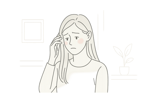 抜毛症に悩む若い女性が不安そうに髪に触れているシンプルな線画イラスト