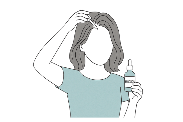 女性が頭皮にミノキシジルの外用薬を塗ってケアしているイラスト