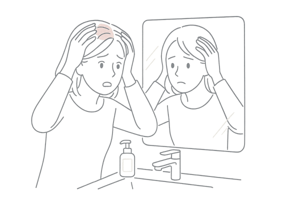 鏡を見ながら薄毛に気づき、不安げな表情をしている女性のイラスト