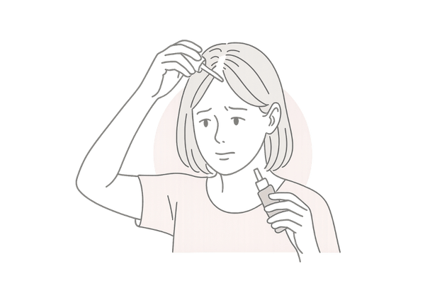 軽度の薄毛に悩む女性が育毛剤を頭皮に塗ってケアしているイラスト