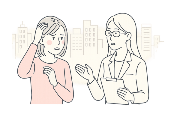 重度の薄毛に悩む女性が医師に相談しているイラスト
