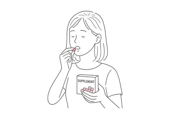 パントガールなどのサプリを服用し栄養補給する女性のイラスト