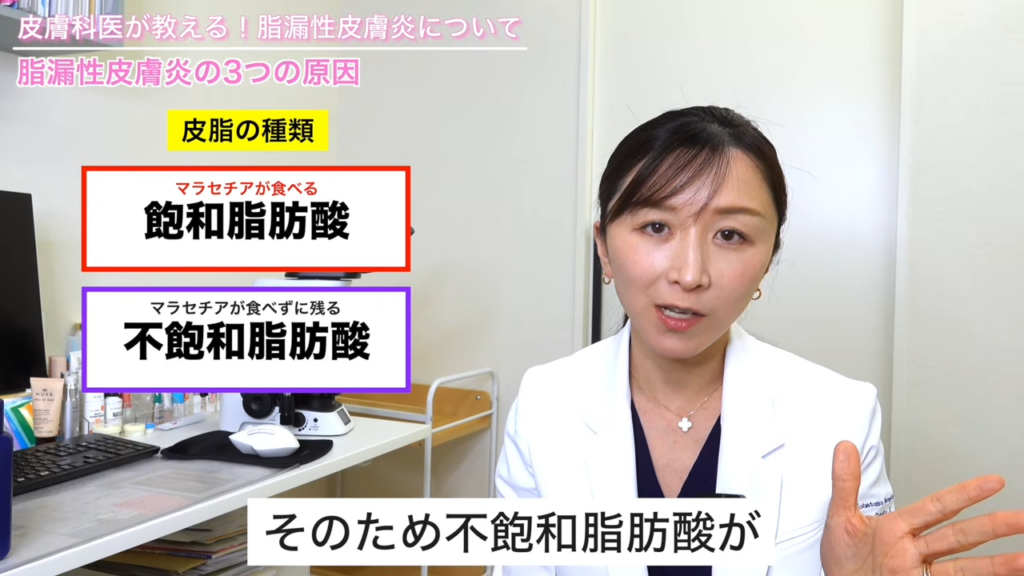 マラセチアが食べる「飽和脂肪酸」、マラセチアが食べずに残る「不飽和脂肪酸」