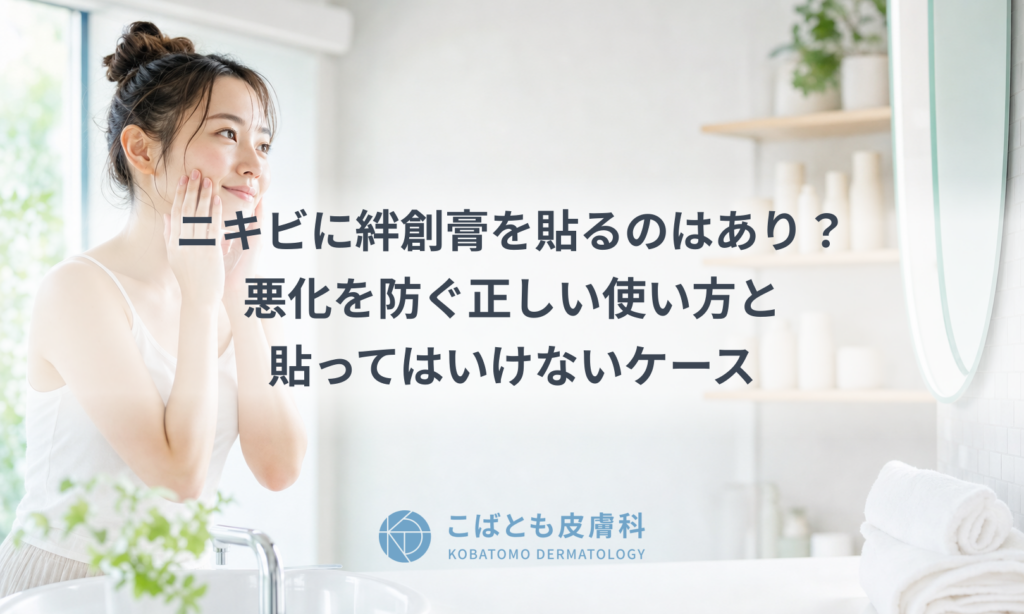 洗面所の鏡の前で肌の手入れをする若い女性と、清潔感のある明るい室内のイメージ